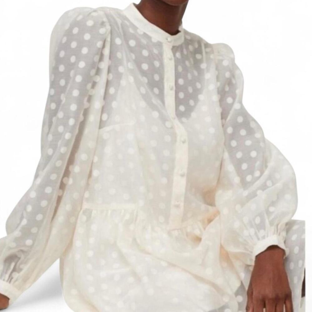 H&M White ivory Polka Dot Chiffon Sheer Sleeves Button-down Front Dress XL